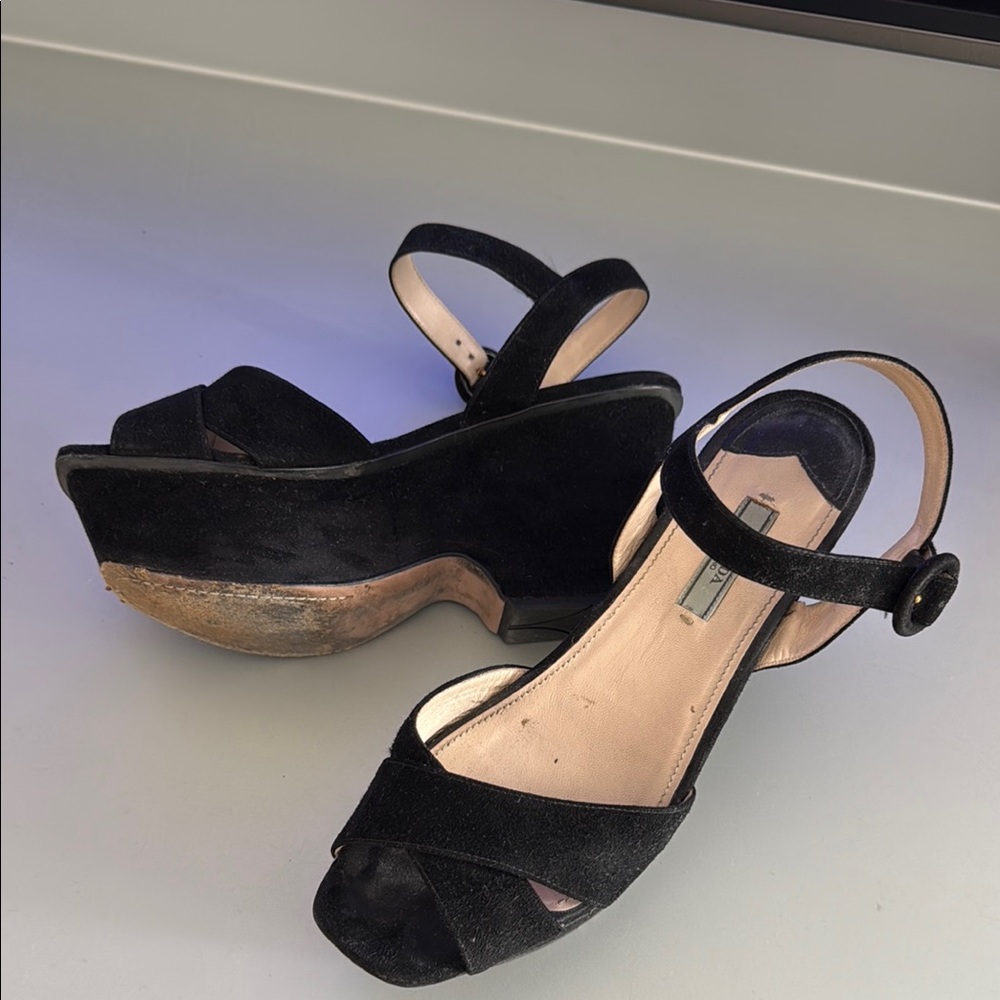 Prada Black Wedge Sandals with Ankle Strap